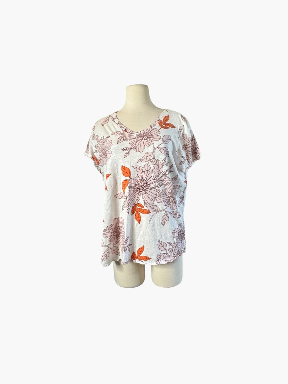 RACHEL Rachel Roy White Floral V-Neck Short Sleeve Top with Orange Accents